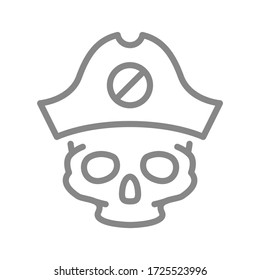 Skull with pirate captain hat line icon. Tattoo sketch, cranium symbol