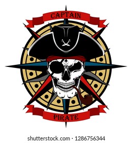 Skull of a pirate captain in a hat with a pipe against the background of a rose of winds.