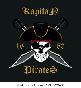 Skull of a pirate captain with swords. Vector image on a dark background.