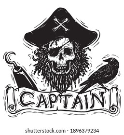 Skull pirate captain for t shirt print