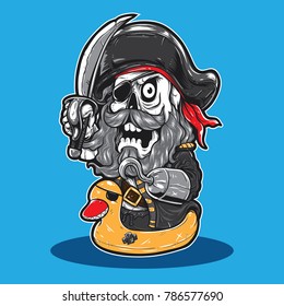 Skull Pirate Cartoon Holding Sword On A Yellow Rubber Duck