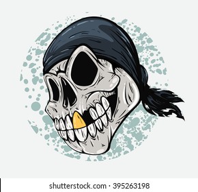 Skull pirate closeup with gold tooth closeup. Vector illustration on blue background