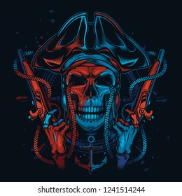 Skull pirate in a cocked hat with guns in his hands. Original vector illustration in vintage style. Print on t-shirt.