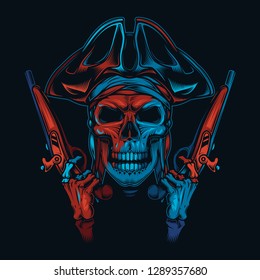 Skull pirate in a cocked hat with guns in his hands. Original vector illustration in vintage style. Print on t-shirt.