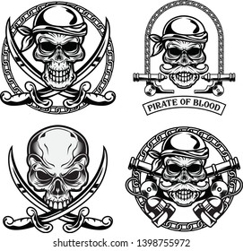 Skull pirate with crossed sword, hook, and canon vector illustration 