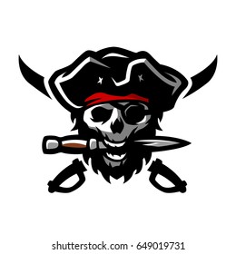 The skull of a pirate, with a dagger in his teeth.