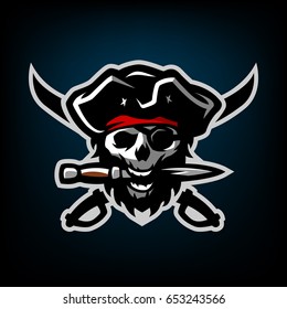 The skull of a pirate, with a dagger in his teeth, on a dark background.
