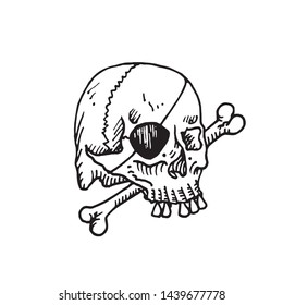 Skull with pirate eyepatch laying on bone, hand drawn doodle, sketch, black and white vector illustration