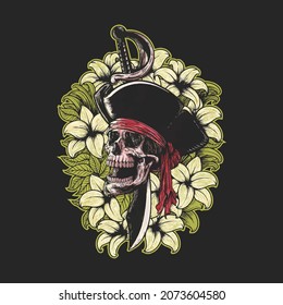 Skull pirate floral character vector illustration tshirt design