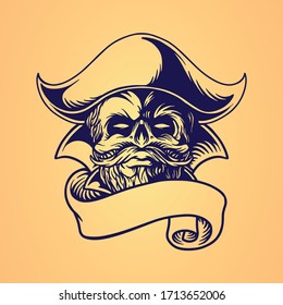 skull pirate hand drawing vector ribbon for design