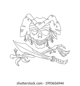 Skull of a pirate in a hat. Black line tattoo. With a dagger. Skeleton hand. Vector outline contour. Open paths. Editable stroke.