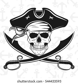 A skull in pirate hat with crossed broadswords, vector illustration