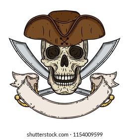 Skull. Pirate skull in a hat with crossed swords with ribbon for your text