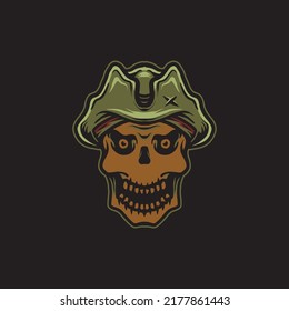 Skull with pirate hat drawing illustration.