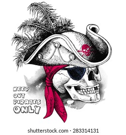 Skull in pirate hat with feathers and in red bandana on the gray background. Vector illustration.