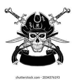 Schädel eines Piraten in einem Hut auf dem Hintergrund von Schneiden und antiken Pistolen. Vektorgrafik für T-Shirt-Druck. Schwarzes Tattoo.