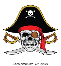  Skull Pirate With Hat and Red Bandana And Cross Sword, Hand Drawing Skull