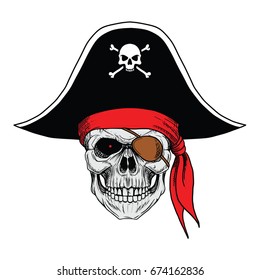  Skull Pirate With Hat and Red Bandana, Hand Drawing Skull