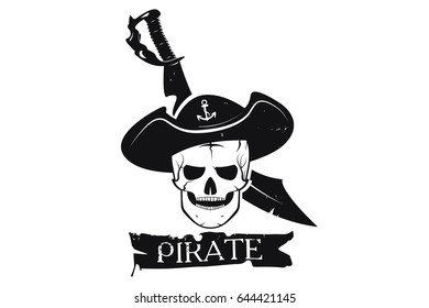 Skull pirate hat and sword. a logo is an emblem of the pirate.  monochrome style. Vector image