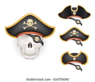 Skull with pirate hats set realistic head isolated template mockup vector illustration