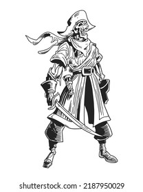 Skull pirate holding a sword, vector illustration
