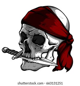 The skull of a pirate holds a knife with his teeth