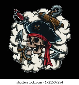 Skull pirate illustration with smoke, anchor and sword