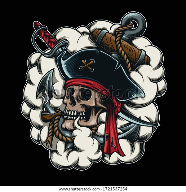 煙 錨 剣を持つスカル海賊のイラスト のベクター画像素材 ロイヤリティフリー