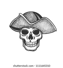 Skull of pirate isolated sketch for tattoo or Halloween themes design. Scary skeleton with vintage hat of sea captain for piracy flag and jolly roger symbol design