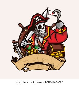 skull pirate logo design template with card, trasure and pineapple
