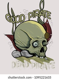A skull of a pirate on the rocks under the water. Prints on T-shirts, sweatshirts, cases for mobile phones, souvenirs, poster. Tattoo, images for print.For t-shirt prints and other uses.