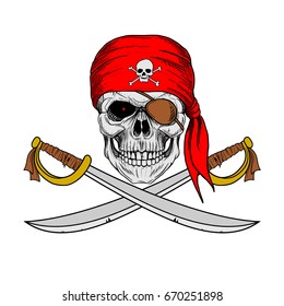 Skull Pirate With Red Bandana And Cross Sword, Hand Drawing Skull