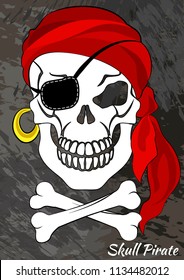 Skull pirate with red bandana and crossbones. Vector illustration.