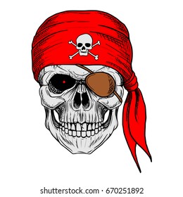 Skull Pirate With Red Bandana, Hand Drawing Skull