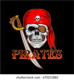 Skull Pirate With Red Bandana and a Sword on Black Background, Hand Drawing Skull