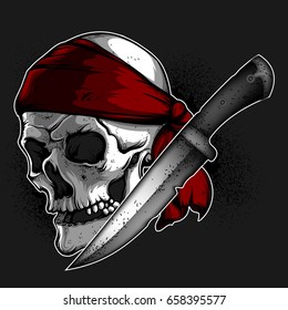 Skull of a pirate in a red kerchief and a knife