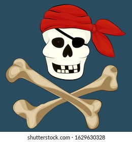 Skull of a pirate in a red scarf and a black blindfold. A cross of large bones on a blue background. Elements for a party of pirates.