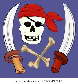 Skull of a pirate in a red scarf, large sharp sabers, crossbones. Elements for a party of pirates on a blue background.