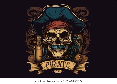 Skull Pirate rum vector illustration for t-shirt