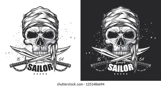 Skull pirate sailor with swords. Vector monochrome illustration on white and dark background