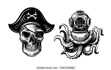 Skull pirate sketch. Scary skeleton with vintage sea octopus