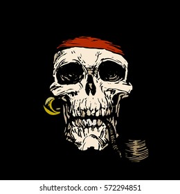 Skull of pirate smoking hand drawn tattoo sketch stock vector illustration. 