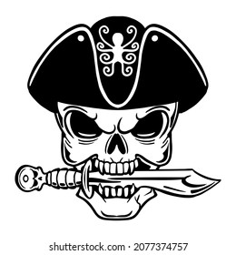 Skull pirate svg cut. Skull of a pirate with a saber in his teeth.Pirate skull emblem illustration with saber. Pirate with hat vector cutting svg