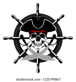 The skull of a pirate with swords and a helm.