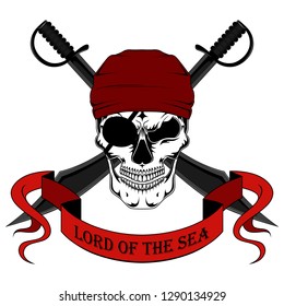 Skull of a pirate with swords and ribbon. Vector image on white background.