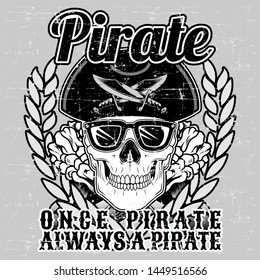 skull pirate and tagline  vector hand drawing Shirt designs  biker  disk jockey  gentleman  barber   many others isolated   easy to edit  Vector Illustration