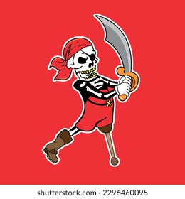 Skull pirate vector. One-legged captain, wooden foot, sailor. Vector, Object isolated on red background. Pirate with an eyepatch. T shirt logo. Dead shirt