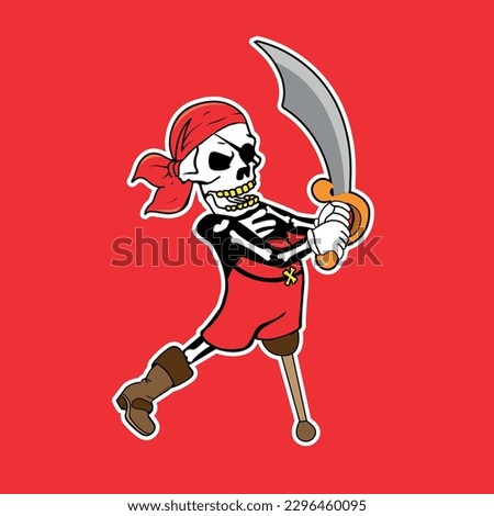 Skull pirate vector. One-legged captain, wooden foot, sailor. Vector, Object isolated on red background. Pirate with an eyepatch. T shirt logo. Dead shirt