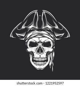 Skull in pirate vintage style. Monochrome vector illustration.