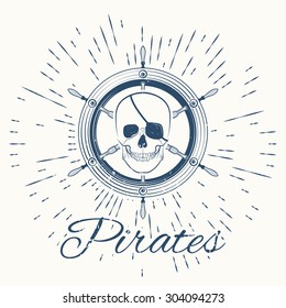 skull pirate and vintage sun burst frame, excellent vector illustration, EPS 10